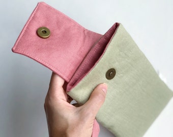 Zero waste green linen wallet pouch, linen phone case, pink and green phone sleeve, phone holder, wrist wallet, phone purse, fabric wallet