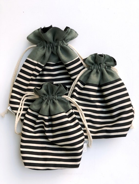 Reusable gift bag, black and white bag, striped bag, green fabric gift bag, drawstring gift bag, eco friendly gift bag, fabric gift bag.