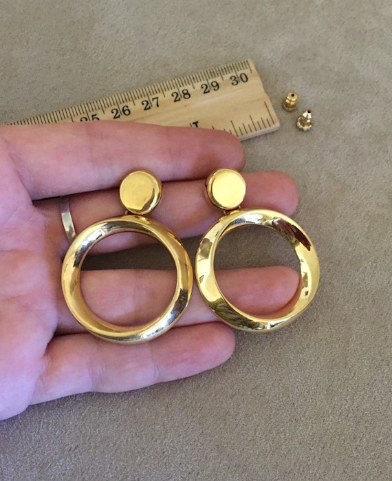 Large Vintage Monet earrings Plain Flat Hoop Dang… - image 7