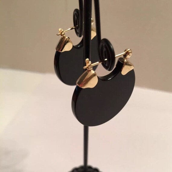14K Solid Gold & Onyx Flat Disk Hoop Earrings - image 8