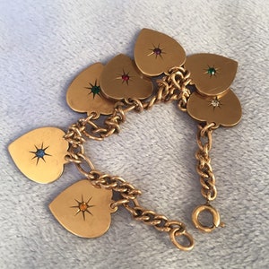 Old 12K Rose Gold Filled Charm bracelet with flat Gemstone Heart Charms original A&Z