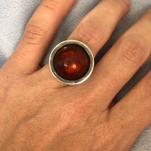 1960 Handmade in Denmark Sterling Round Red Amber Ring Size 5.75