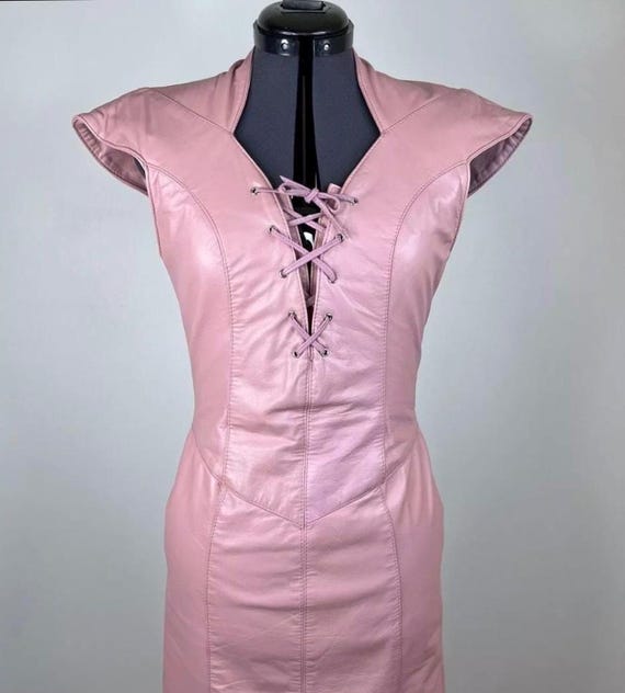 Vintage 80s Pink Leather Dress, Lace-Up Corset Bodice (Size S/XS)