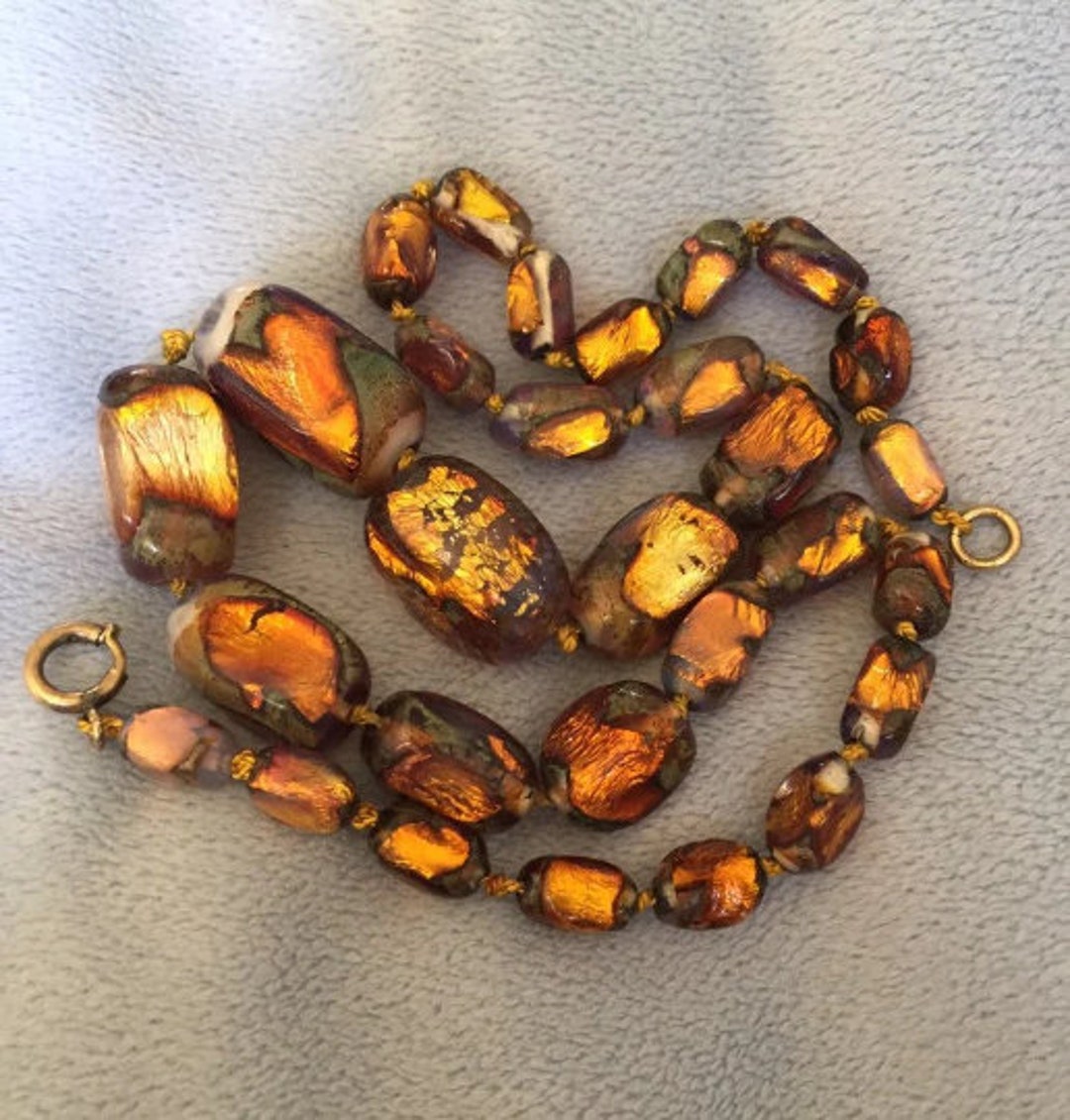 Venetian Art Deco Glass Fire Opal Gold Foil Heavy Graduated Bead