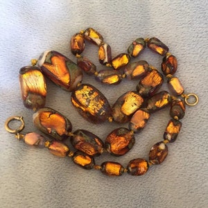 Pr Vintage Foil Art Glass Beads Gold Brown 20x11mm 