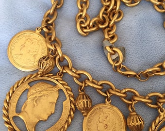 1980 Etruscan French Napoleon Coin charm necklace Runway Couture matte Gold French Coin & Medalion Necklace