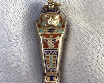 French Art Deco 1920 Egyptian Sarcophagus Charm Locket 800 Gilt Silver Enamel