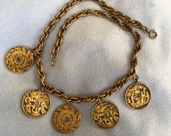 Art Deco Asian Story teller Faux Coin charm necklace 16” Asian Faux Coin & Medalion Necklace