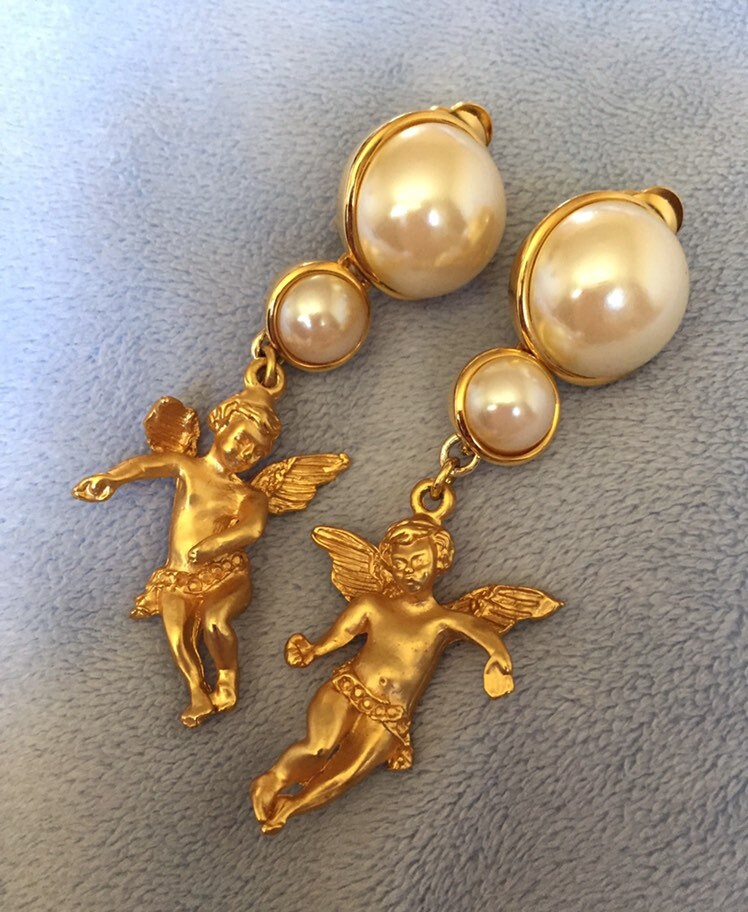 Vintage Cherub Angel Matte Gold Earrings W faux Pearls Clip on Earrings Etsy Canada