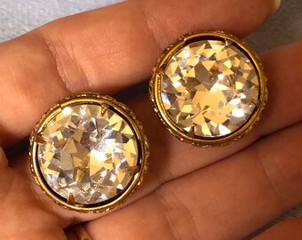 Old Hollywood Large Dazzeling Crystal multi faceted Glass earrings older vintage clip on earrings