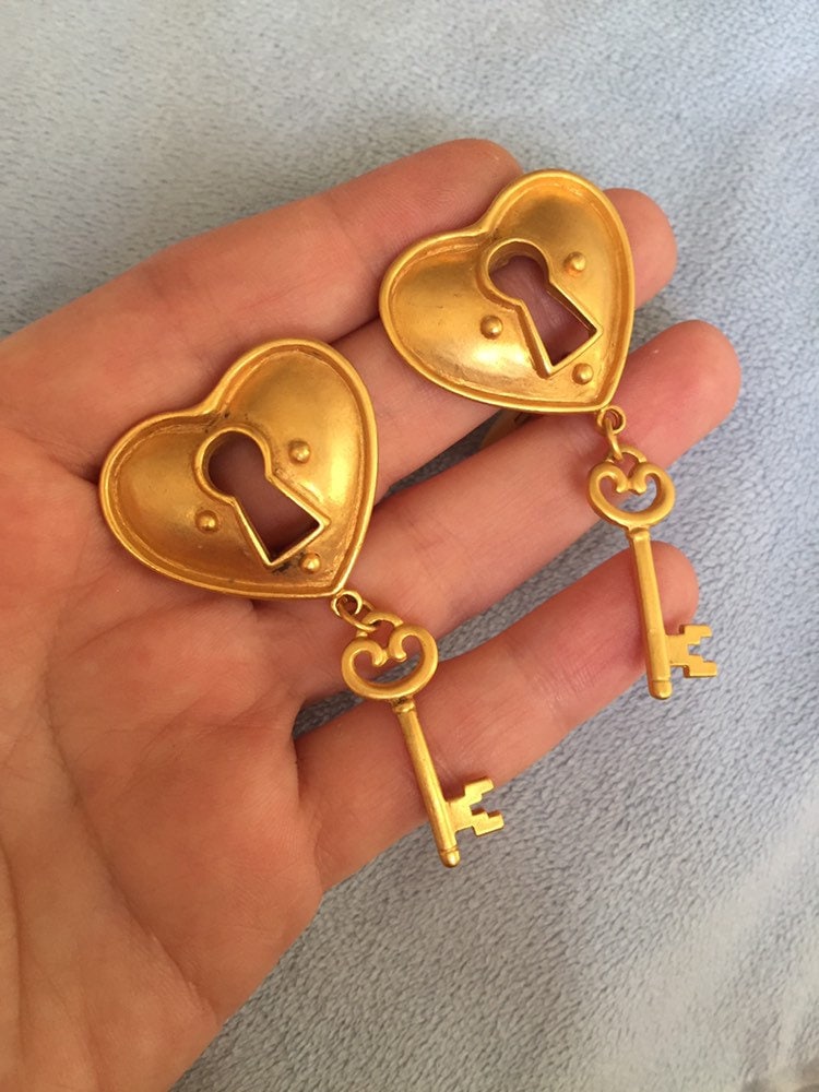 Vintage Leslie Block Heart Padlock and Key Earrings