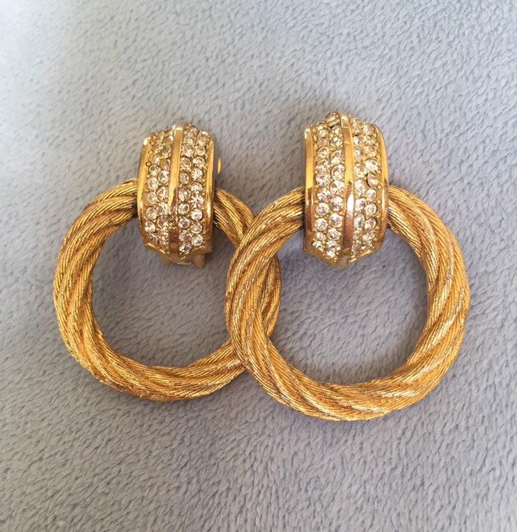 Vintage Christian Dior Rope Hoop Earrings, Pave Crystal Clip-ons