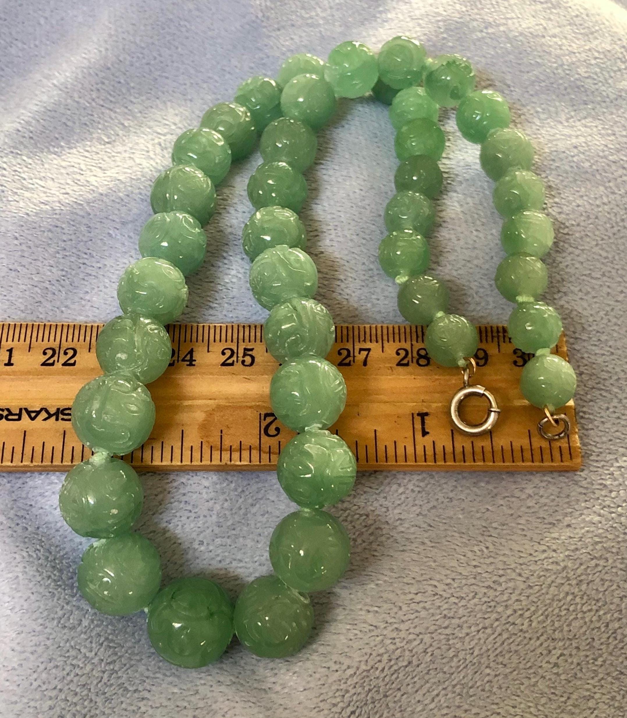 Carved Green Jade Necklace With Sterling Silver Clasp, 18