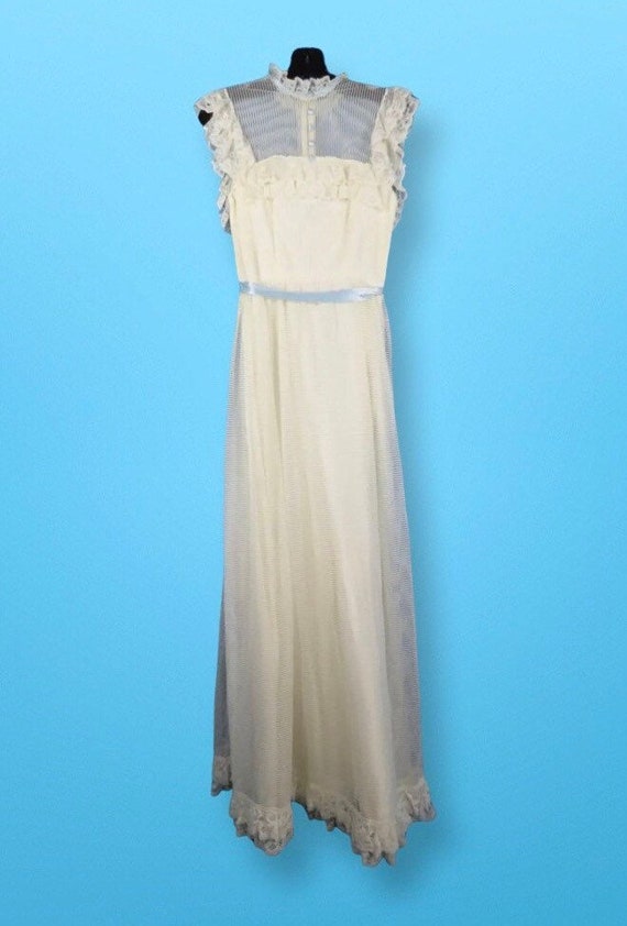 VTG Baby Blue Ribbon Beige Maxi Dress Prairie Boh… - image 7