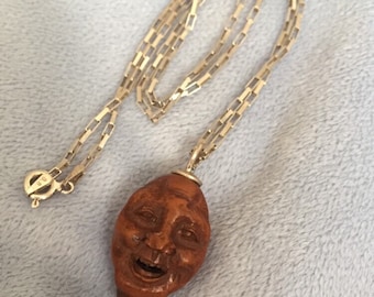 Hand-Carved Hediao 3D Face W/Vintage elongated link Sterling chain Necklace 17”