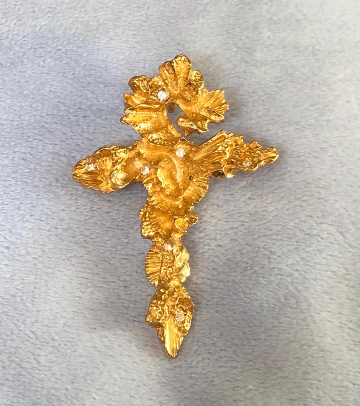 Signed Christian Lacroix Jewelry Brutalist Jeweled Nugget Cross