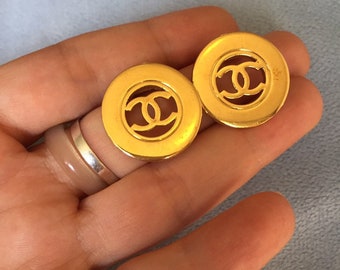 Vintage 1970s CHANEL Logo Earrings, Polished Gold