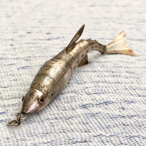 Antique Articulated Fish Pendent Amulet 3D Realistic Fish Pendant Sterling W/Red Eyes