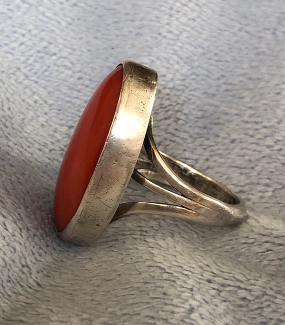 1930 Antique Sterling Silver Salmon Coral Ring Si… - image 4