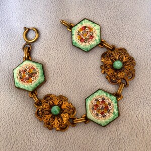 1920&#39;s Gorgeous Green Peking Glass Dragon Egg micro mosaic Floral Brass Bracelet