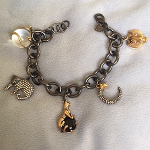 Vintage Black Gun metal Charm Bracelet with Rock Orb pools of light image 1