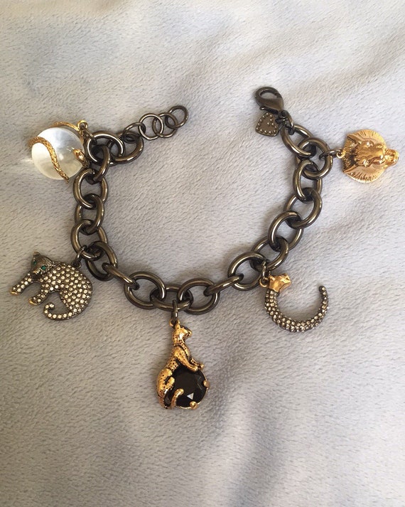 Vintage Black Gun metal Charm Bracelet with Rock … - image 1