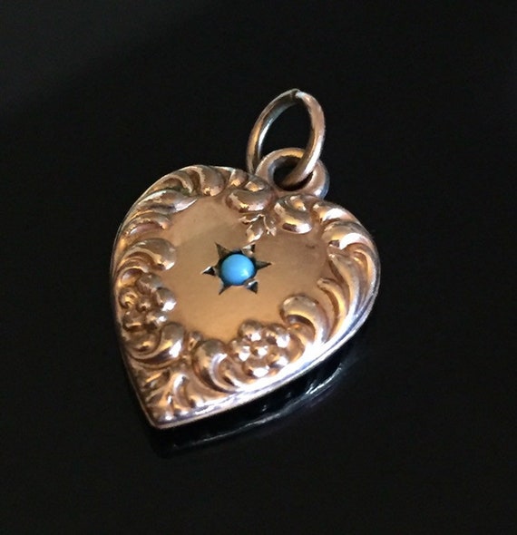Victorian Ornate Puffy Heart Pendent charm W/Turq… - image 1