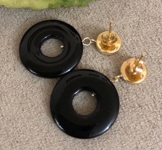 14K Solid Gold & Onyx Disk Hoop Earrings - image 1