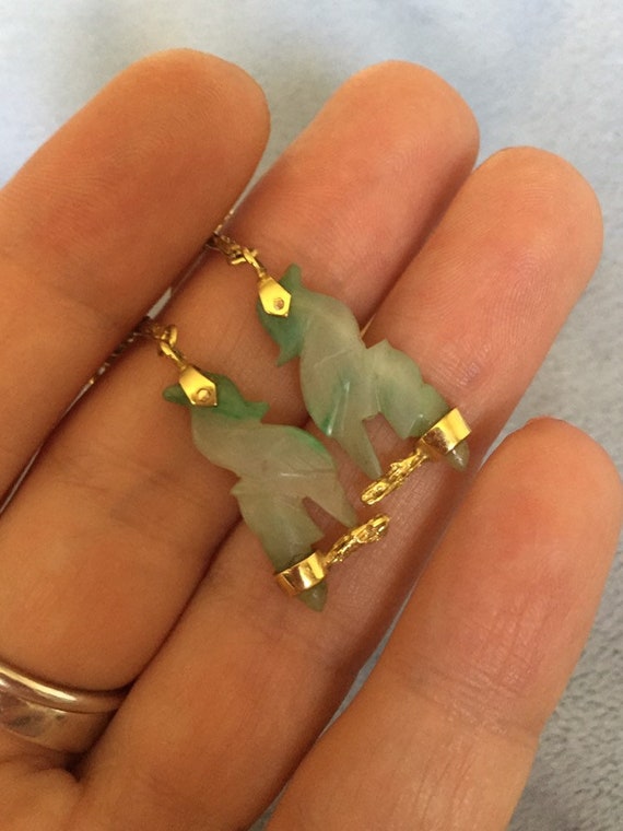 Art Deco 14K Solid Gold Moss Snow Jade Earrings s… - image 5