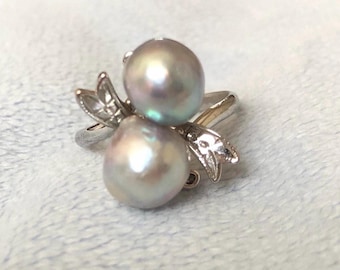 Art Deco Toi et Moi Ring: Diamond Cut Silver, Baroque Pearls, Size 7