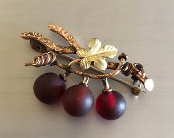 Victorian Maple with Grapes pin W/Red Glass Grapes