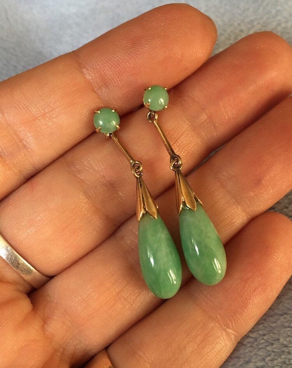 Art Deco 14K Solid Gold Apple Green Jade Earrings for Pierced Ears Etsy