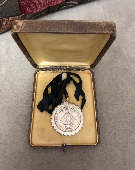 Antique Religious Pendant Large Medal W/Black Sil… - image 1