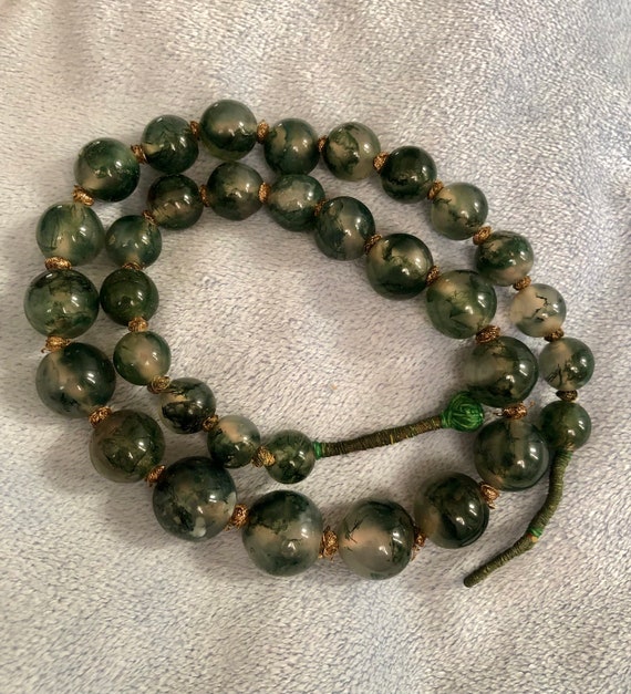 Antique Art Deco Green Moss Agate Graduated Orb N… - image 1