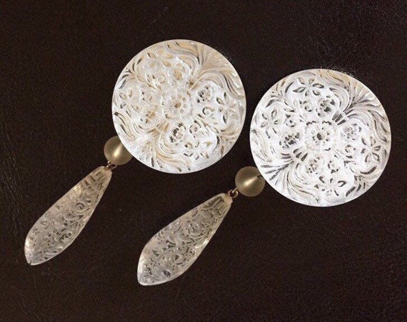 Vintage Carved Clear Lucite Floral Large Earrings - image 1