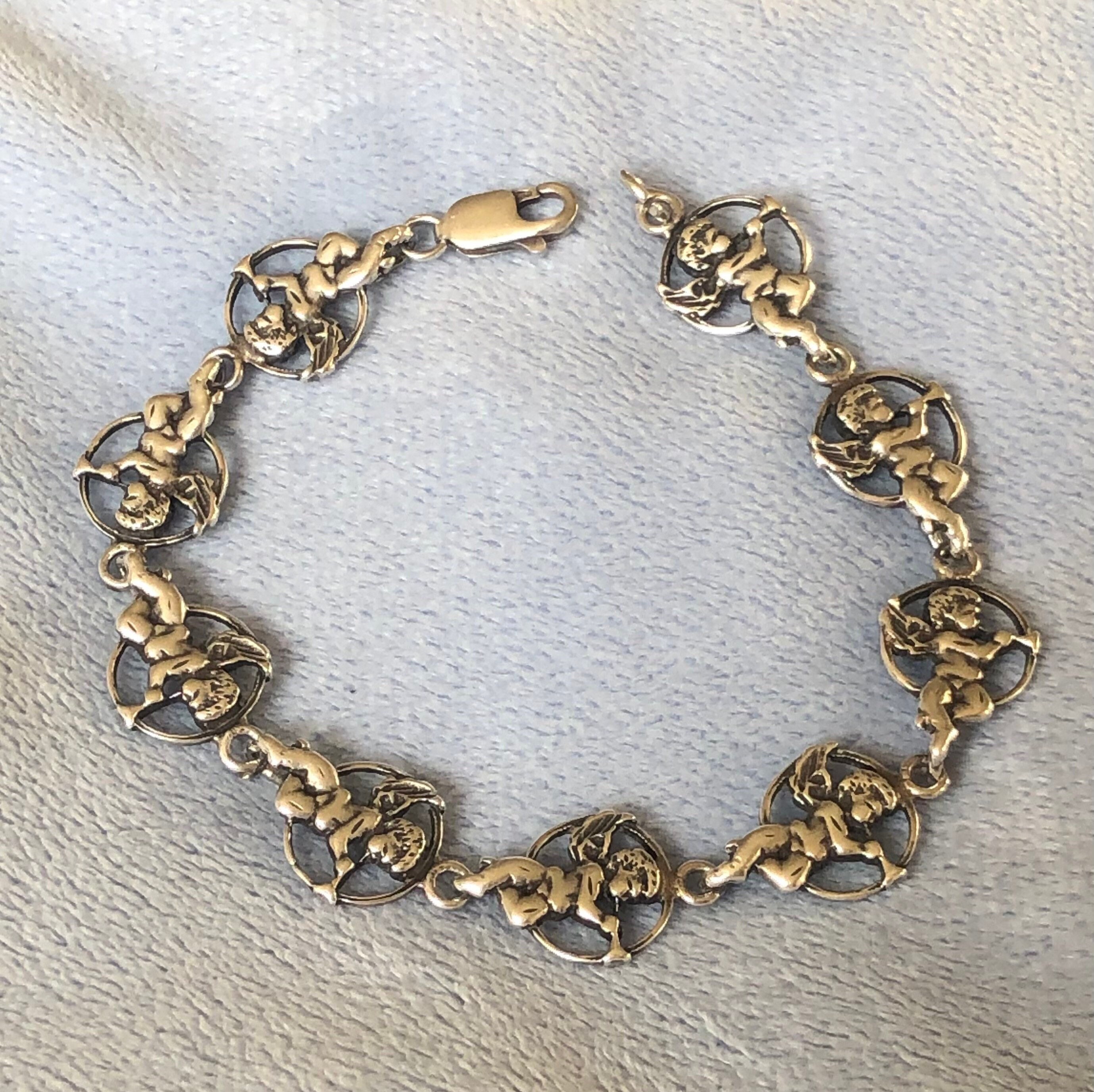 Vintage Art Deco Sterling Silver Bracelet Trumpet Cherub Round
