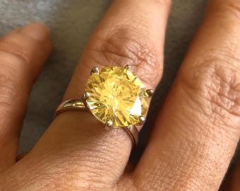 Citronkvartsring i sterlingsilver, stor solitär, storlek 6