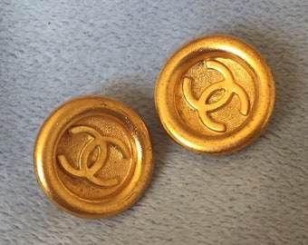 Vintage CHANEL Logo Earrings, Polished Gold, Made in France