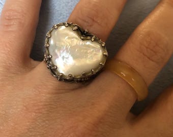 Sterling Large MOP Crown Heart Ring size 6.5