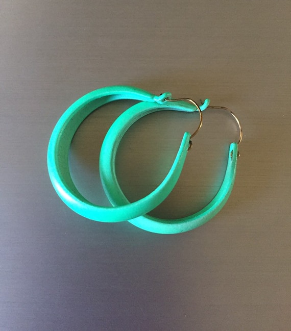 Vintage Blue Green Aqua enamel Hoop Earrings Bask… - image 1