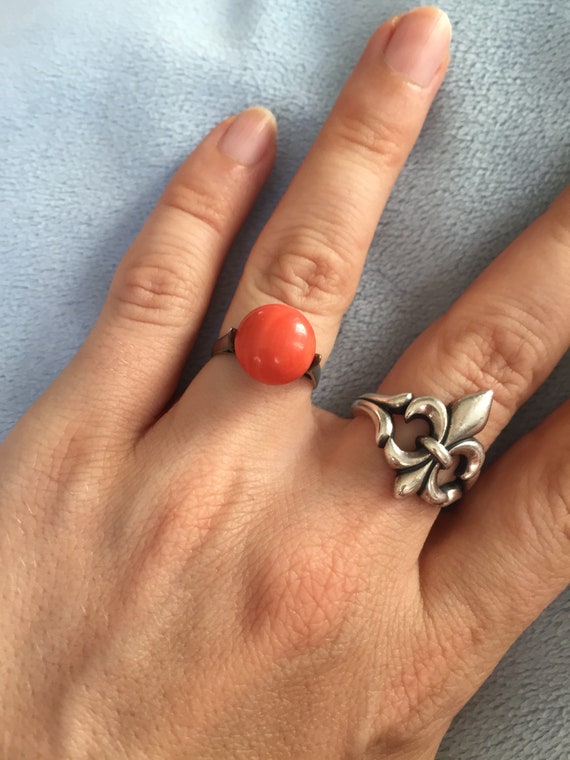 Victorian 800 Silver Salmon Coral Ring Size 6 - image 1