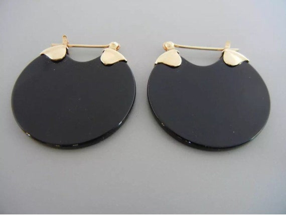 14K Solid Gold & Onyx Flat Disk Hoop Earrings - image 6