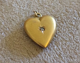 Antique 14K Matte Gold Super Tiny Puffy Heart W/Diamond Pendant Charm