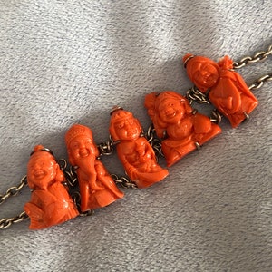 Antique 1800&#39;s Japanese Sterling Silver Carved Coral 3D Figural Bracelet RARE