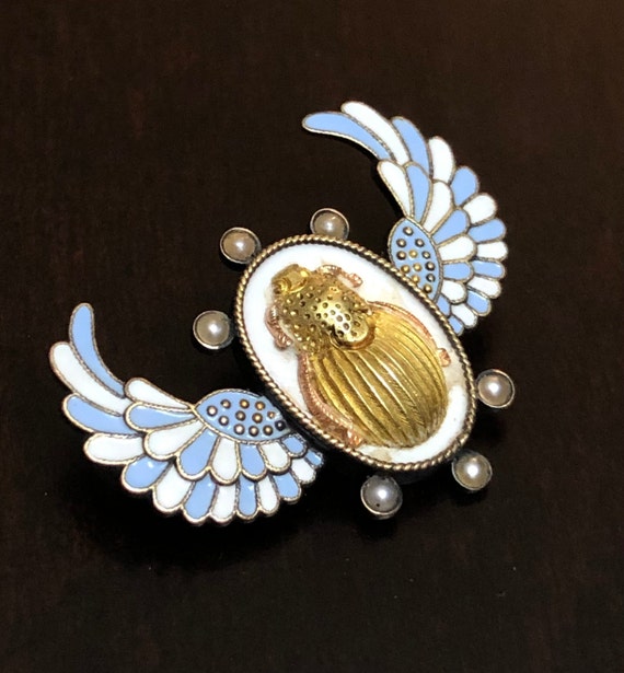 Antique Art Nouveau Gold Enamel Silver Pearl Scara