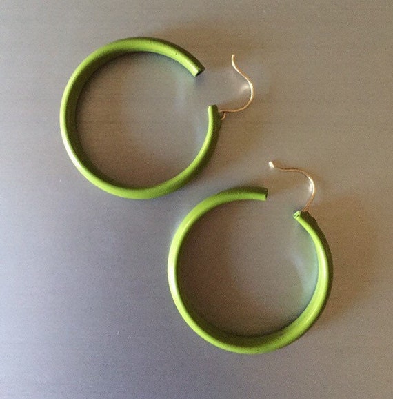 Vintage Sage Green enamel Hoop Earrings W/14K GF … - image 5