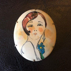 Art Deco 1920 Charming Flapper Celluloid Pin Brooch w/Blue Flower