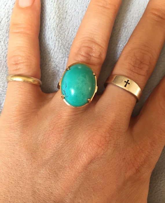 14K Solid Gold Large Turquoise Ring 6.5 - image 1
