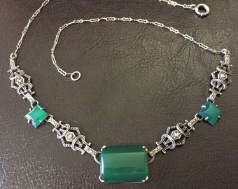 Art Deco Antique Sterling Silver Chrysoprase Necklace