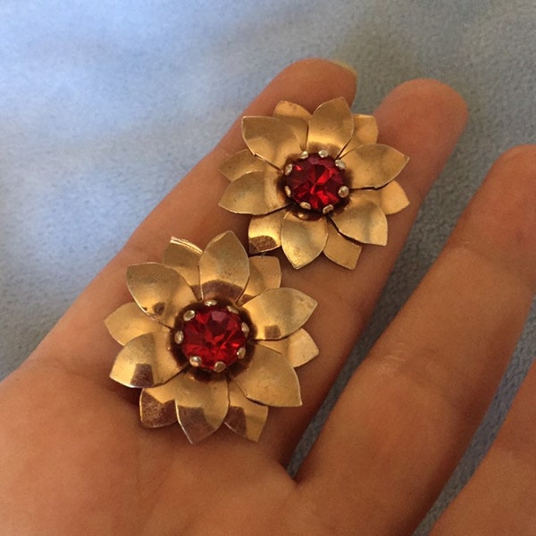 Antique Art Deco Rose Gold filled Sterling Silver Red Dahlia Flower earrings